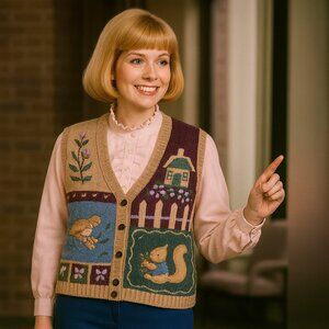 Vintage Teddi Cottagecore Sweater Vest Women Large Knit Floral Squirrel House 90